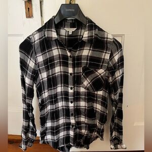Lucky Brand Plaid Button Down Top Shirt Black Plaid S EUC